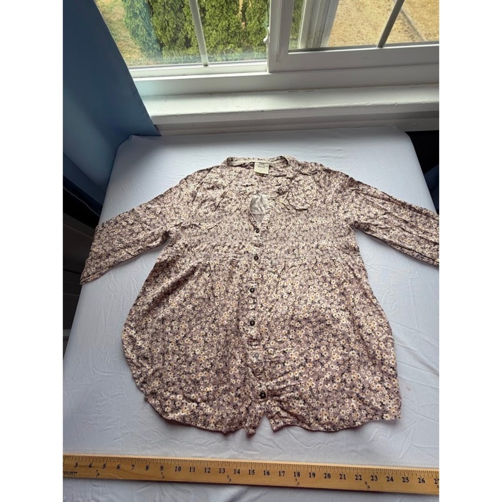 Knox Rose Purple Floral Smocked Button Front Blouse Boho Rayon Top Womens L - Picture 7 of 11